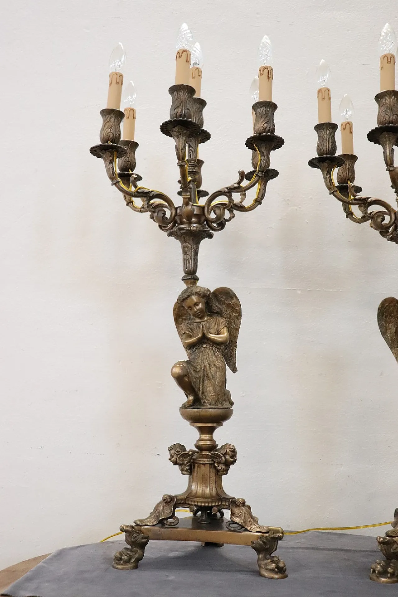 Pair of large electrified bronze candelabra with angels, 19th century 3