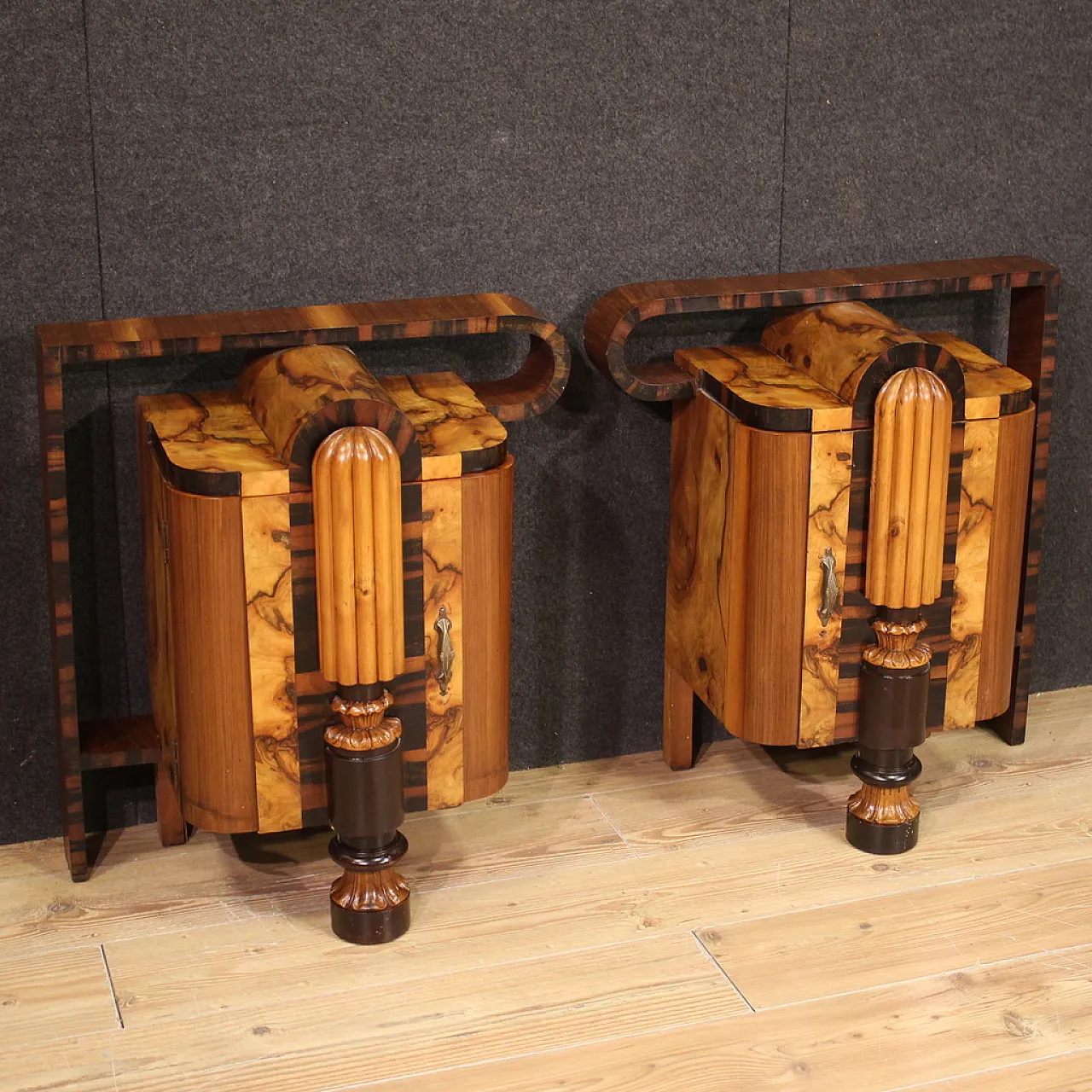 Pair of sculptural Art Deco bedside tables in precious woods, 1930s 1