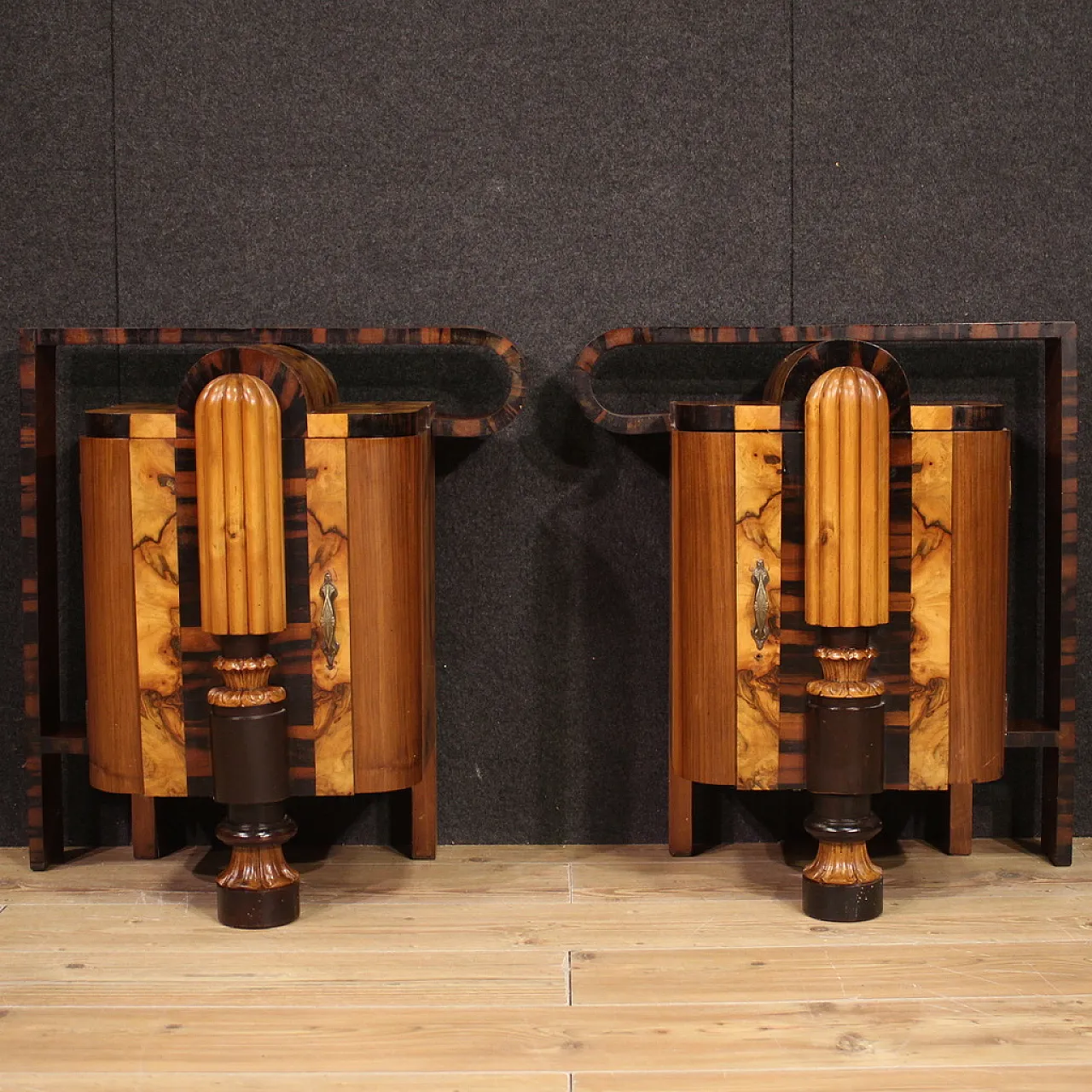 Pair of sculptural Art Deco bedside tables in precious woods, 1930s 2