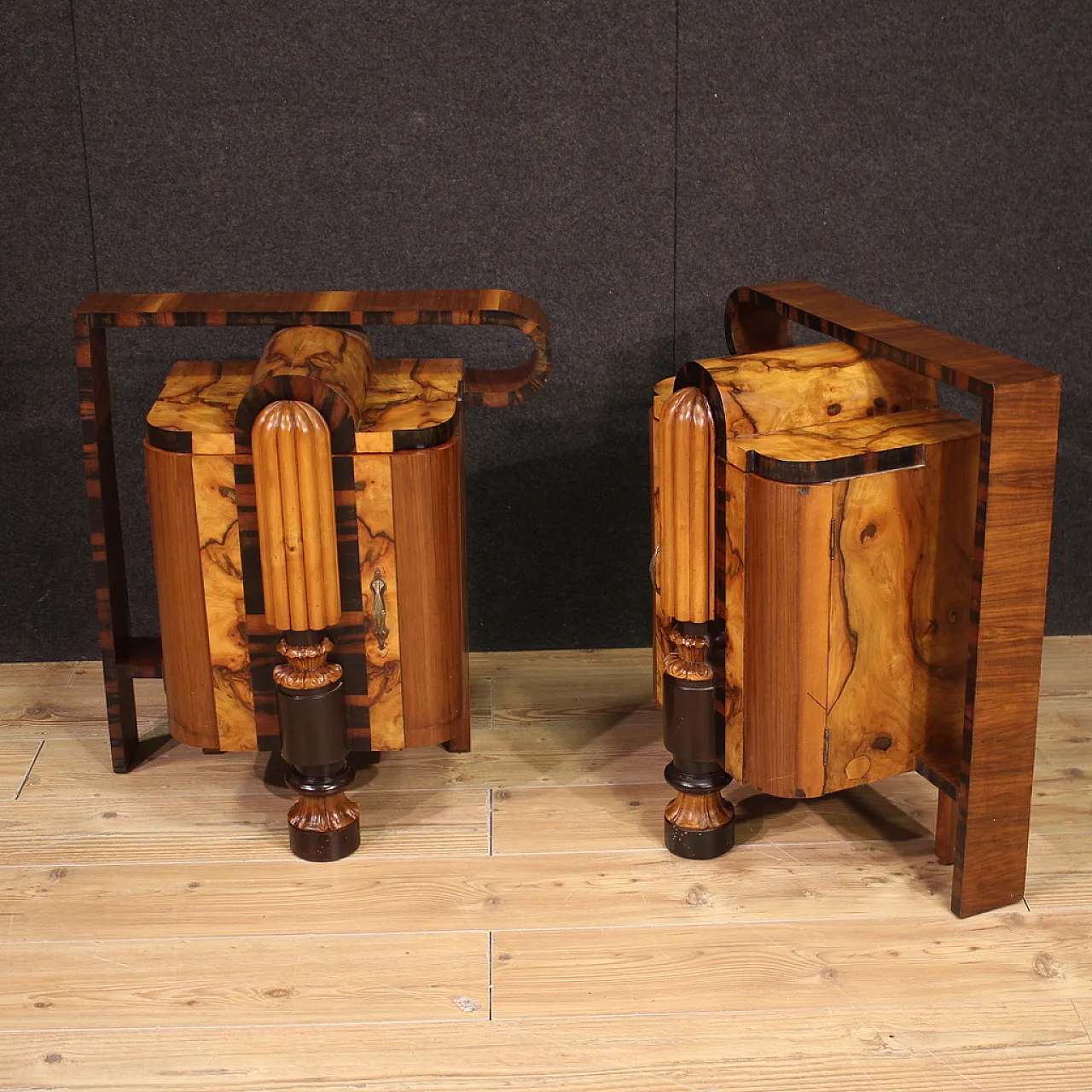 Pair of sculptural Art Deco bedside tables in precious woods, 1930s 4