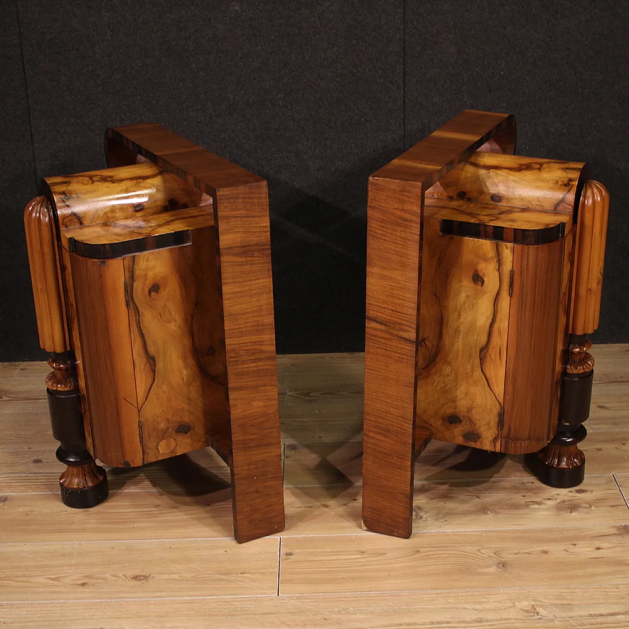 Pair of sculptural Art Deco bedside tables in precious woods, 1930s 6