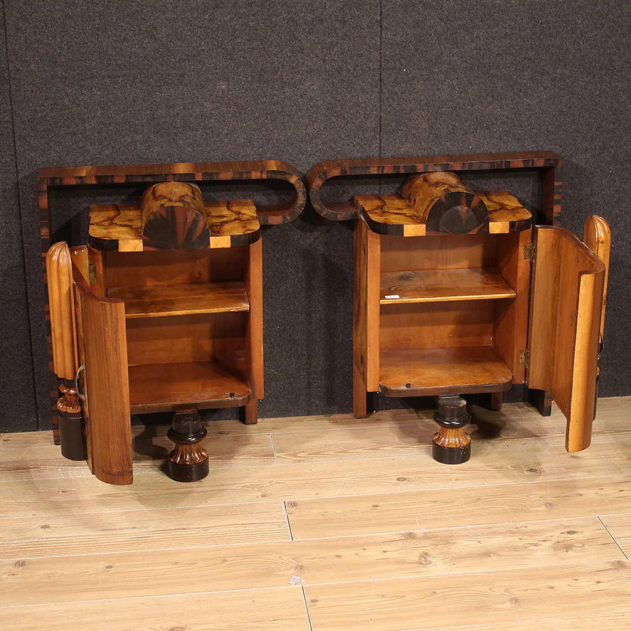 Pair of sculptural Art Deco bedside tables in precious woods, 1930s 9