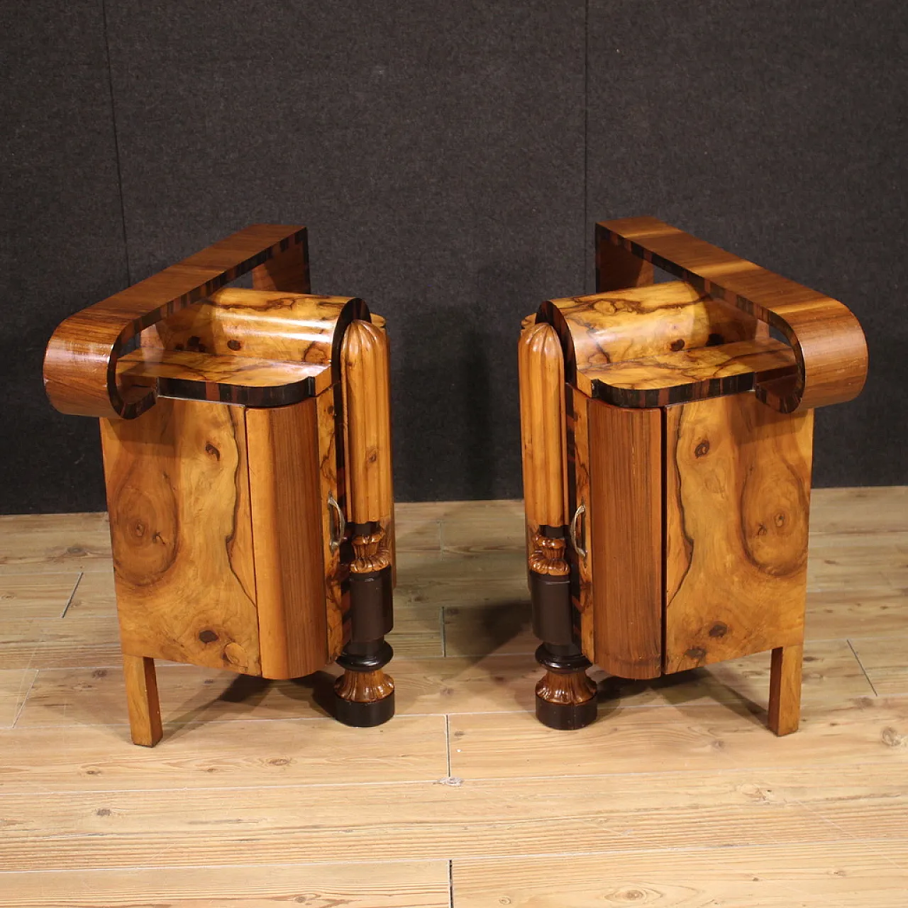 Pair of sculptural Art Deco bedside tables in precious woods, 1930s 12