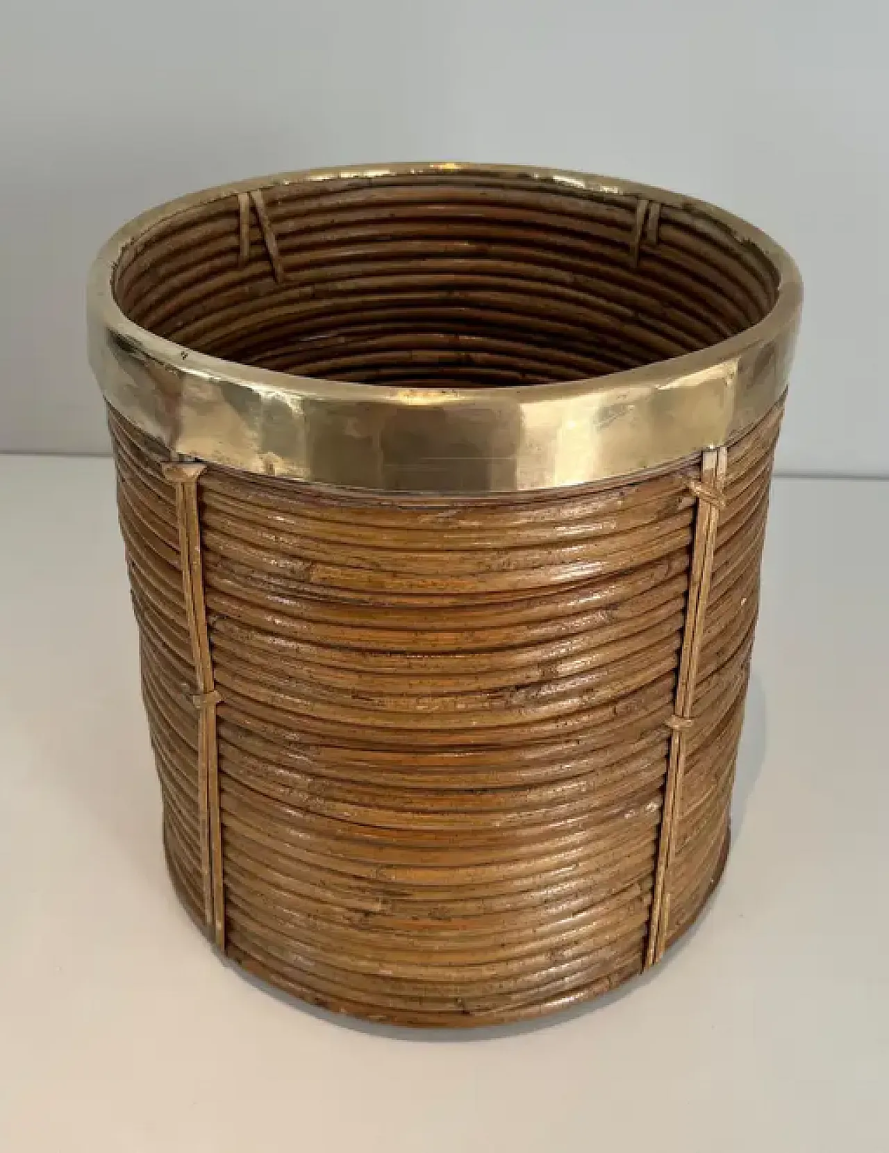 Rattan and brass basket in the style of Gabriella Crespi, 1970s 2