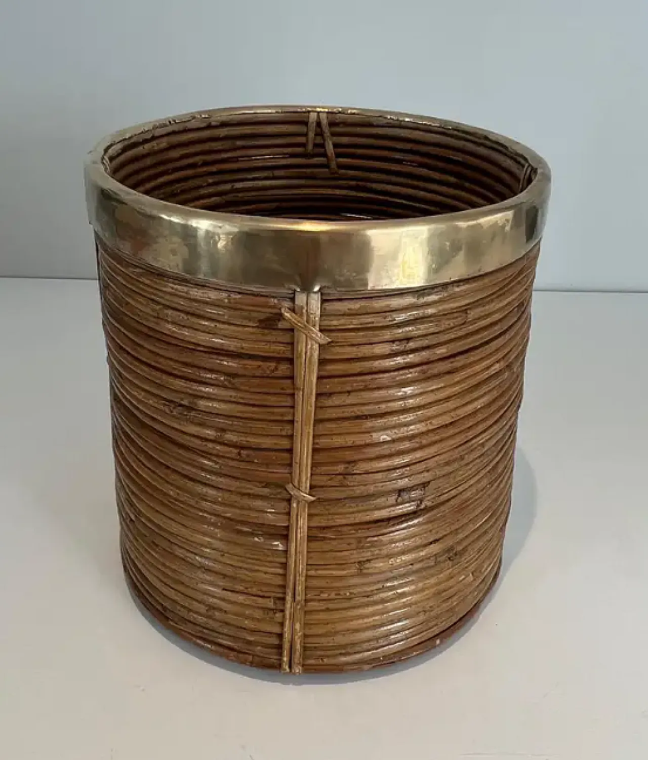 Rattan and brass basket in the style of Gabriella Crespi, 1970s 3