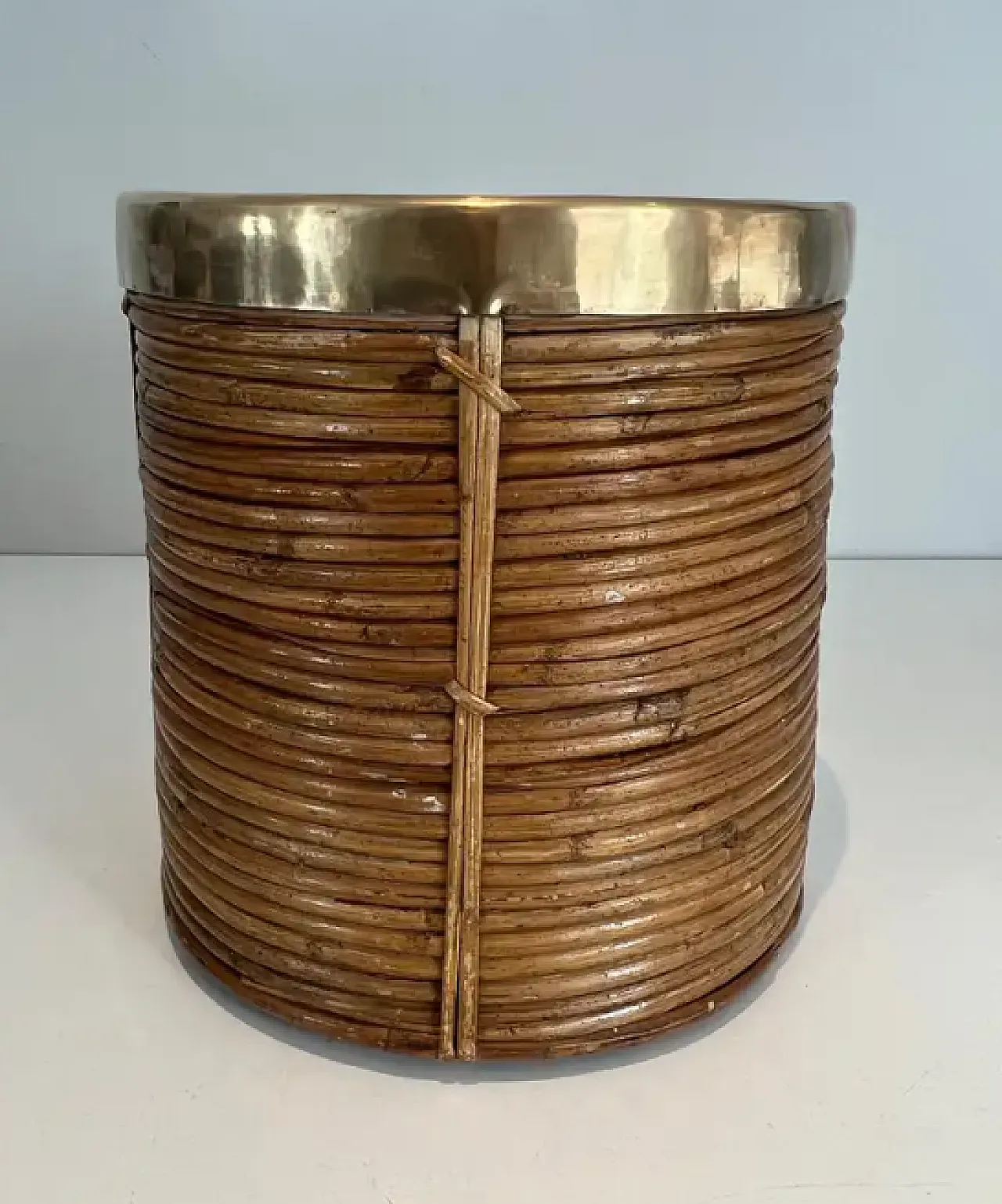 Rattan and brass basket in the style of Gabriella Crespi, 1970s 4