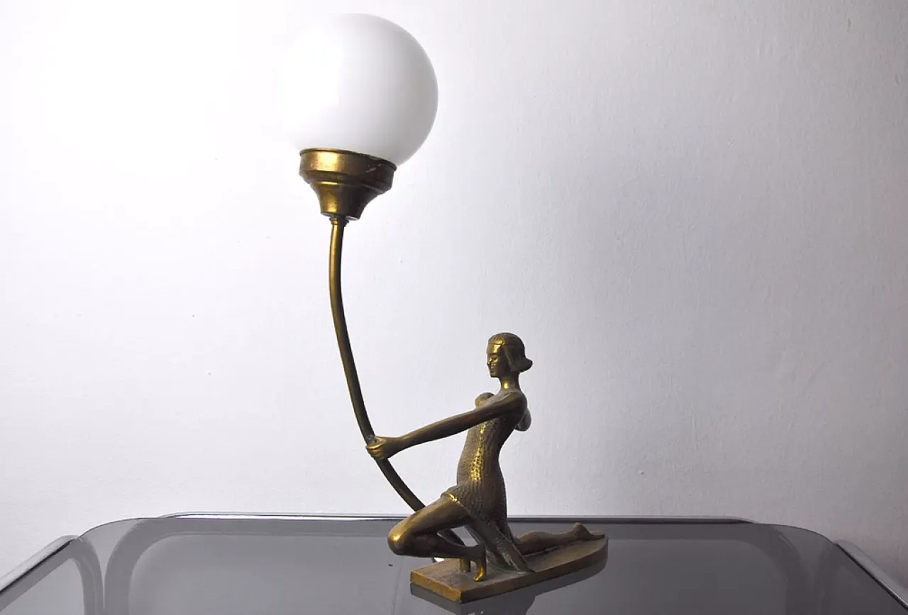 French Woman with an Arch lamp in brass and opaline glass, 1950s 2