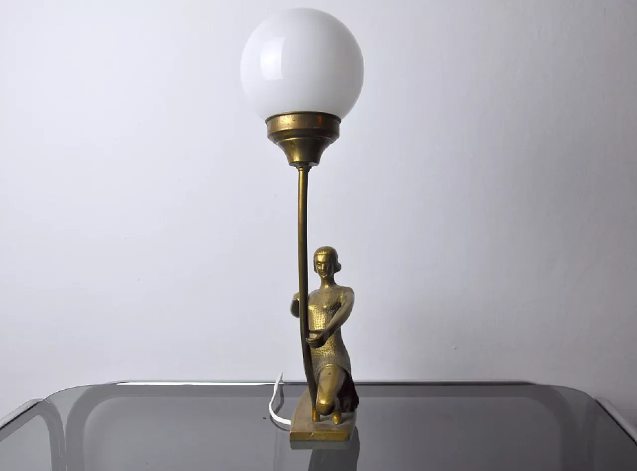 French Woman with an Arch lamp in brass and opaline glass, 1950s 3