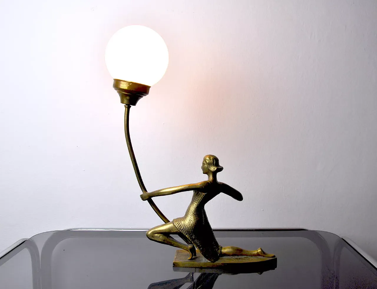 French Woman with an Arch lamp in brass and opaline glass, 1950s 4