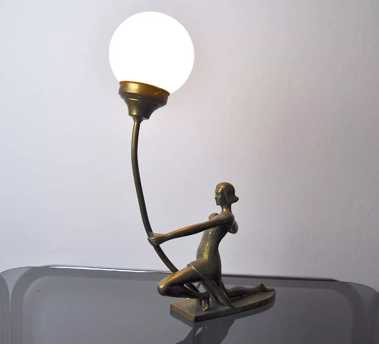 French Woman with an Arch lamp in brass and opaline glass, 1950s 5