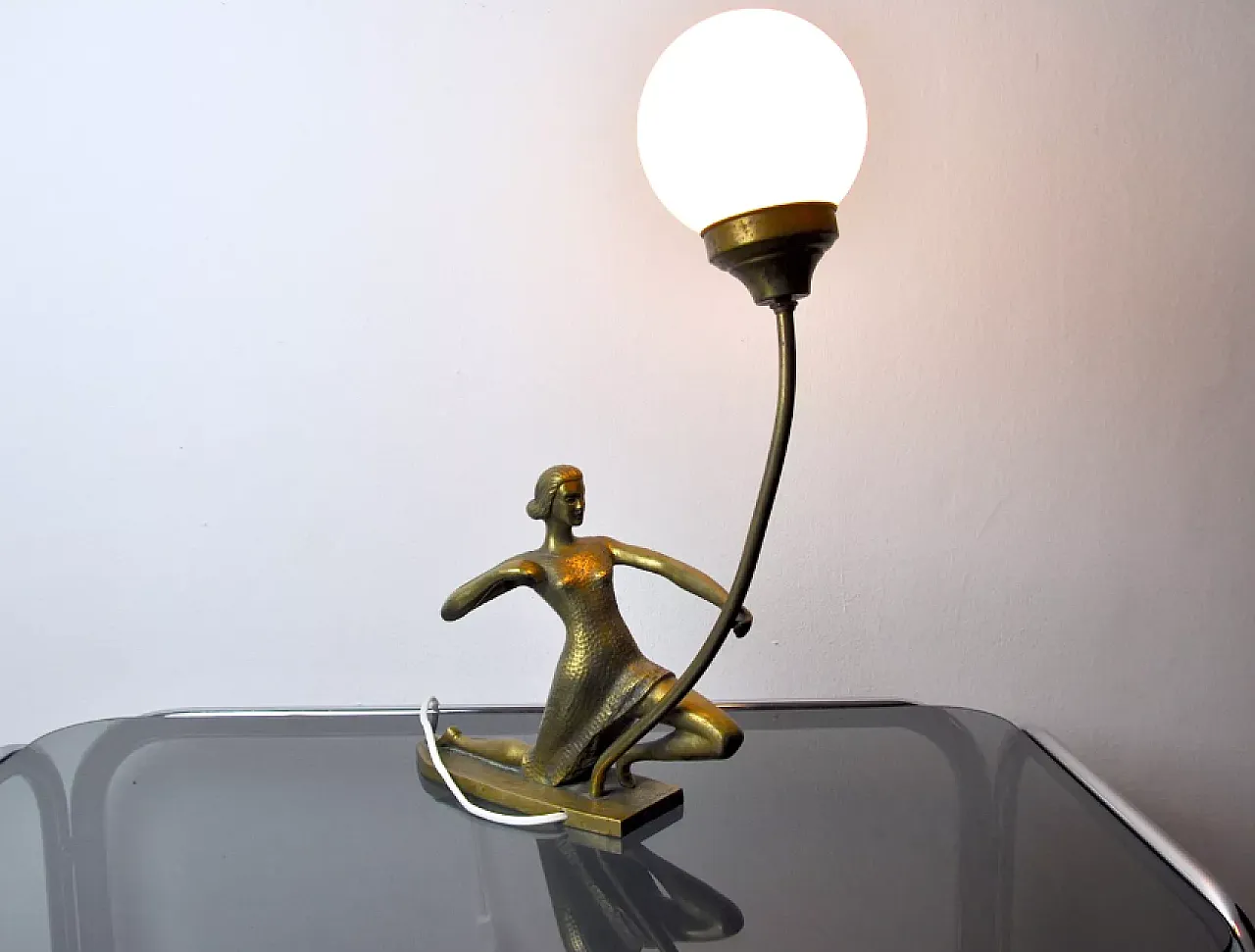 French Woman with an Arch lamp in brass and opaline glass, 1950s 6