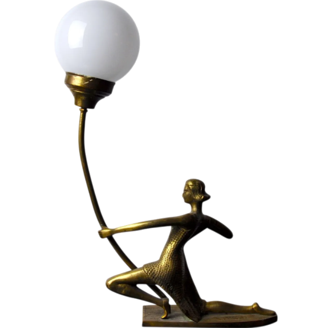 French Woman with an Arch lamp in brass and opaline glass, 1950s 9