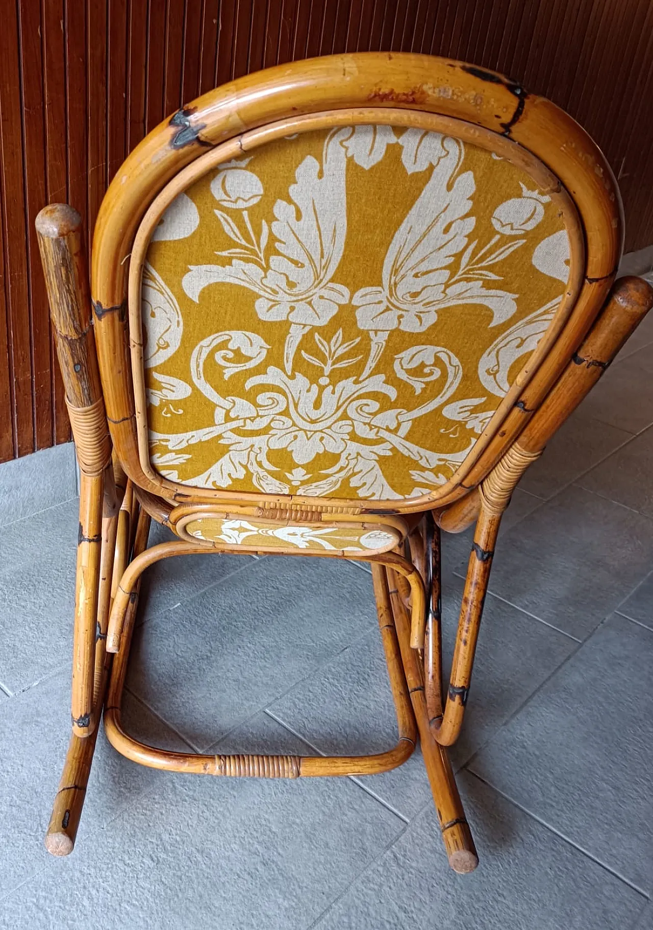 Bamboo padded rocking chair with yellow and white damask fabric, 1980s 4