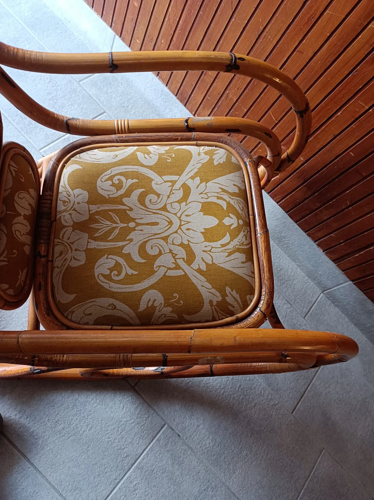 Bamboo padded rocking chair with yellow and white damask fabric, 1980s 6