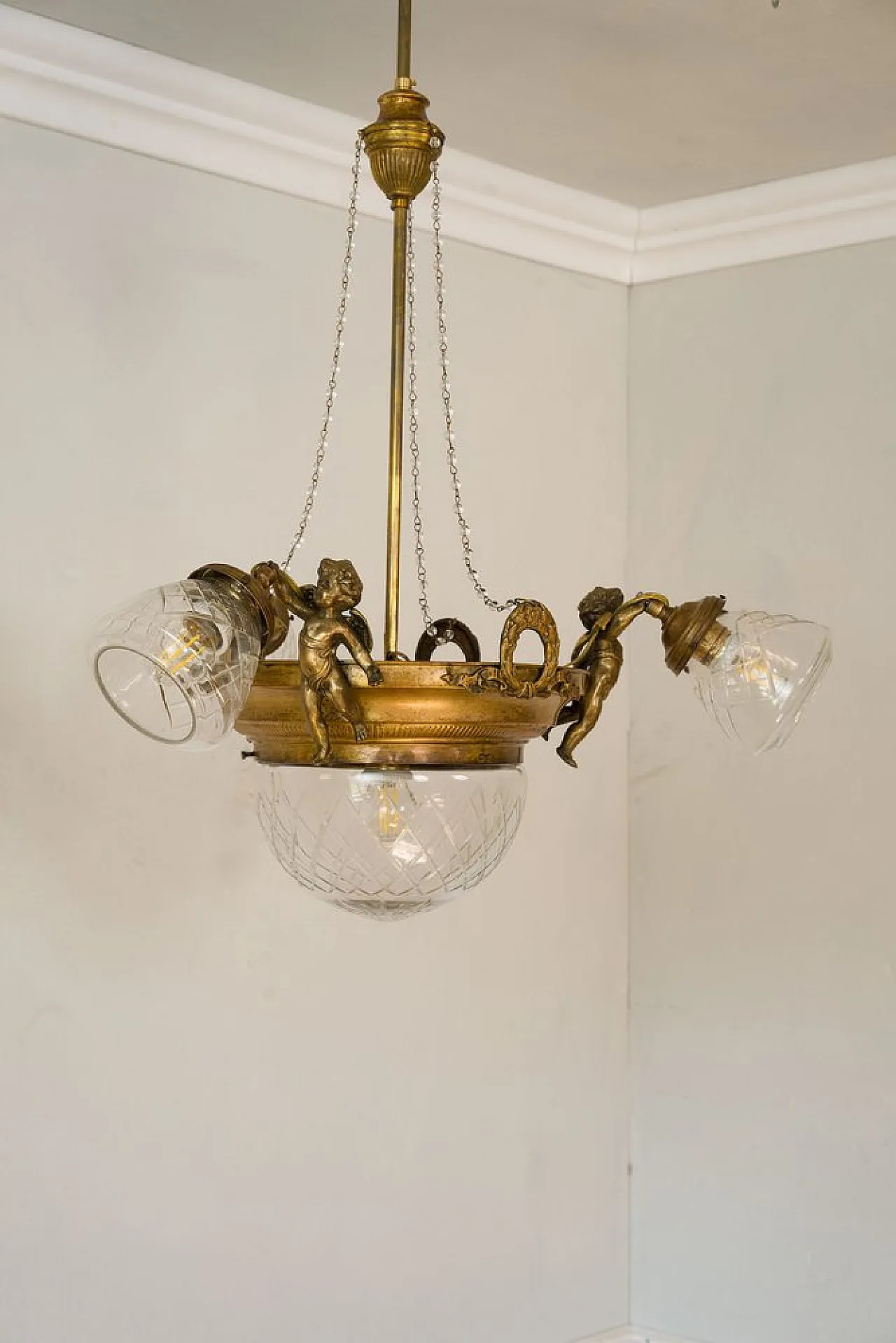 Brass chandelier with glass lampshades, 1920s 1