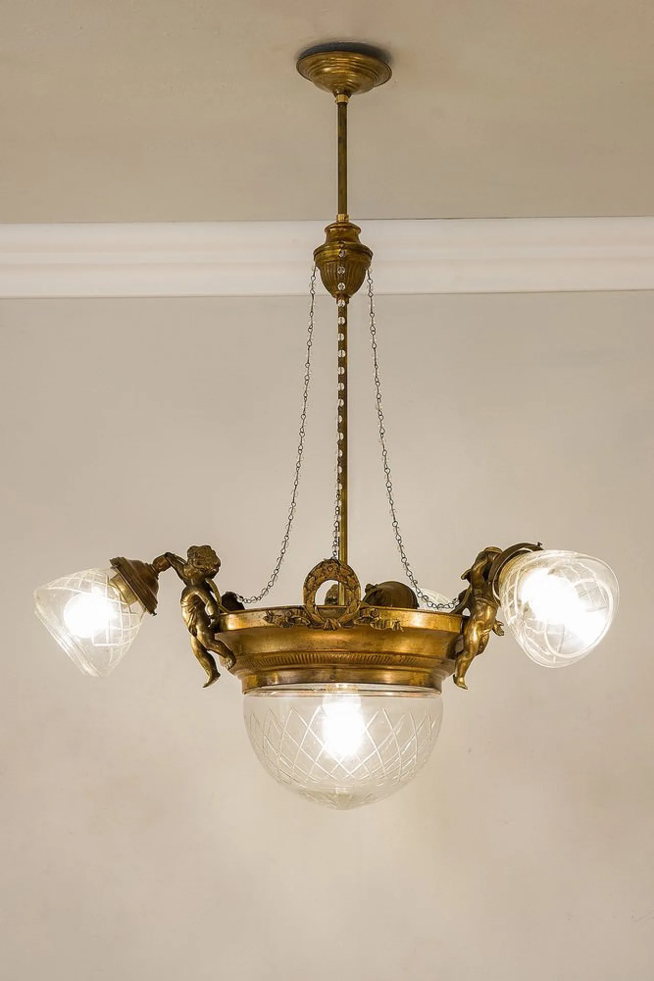 Brass chandelier with glass lampshades, 1920s 2