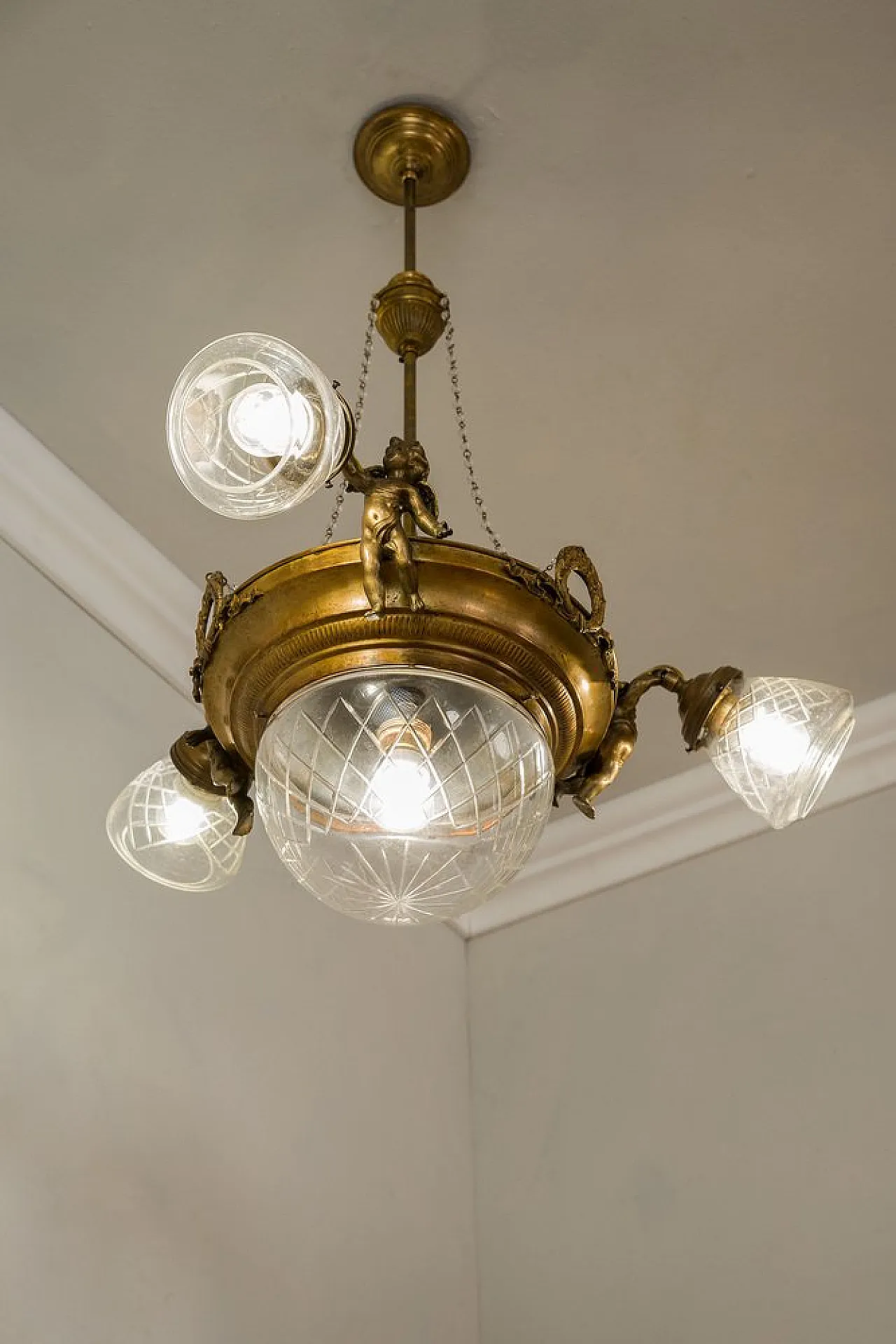 Brass chandelier with glass lampshades, 1920s 3