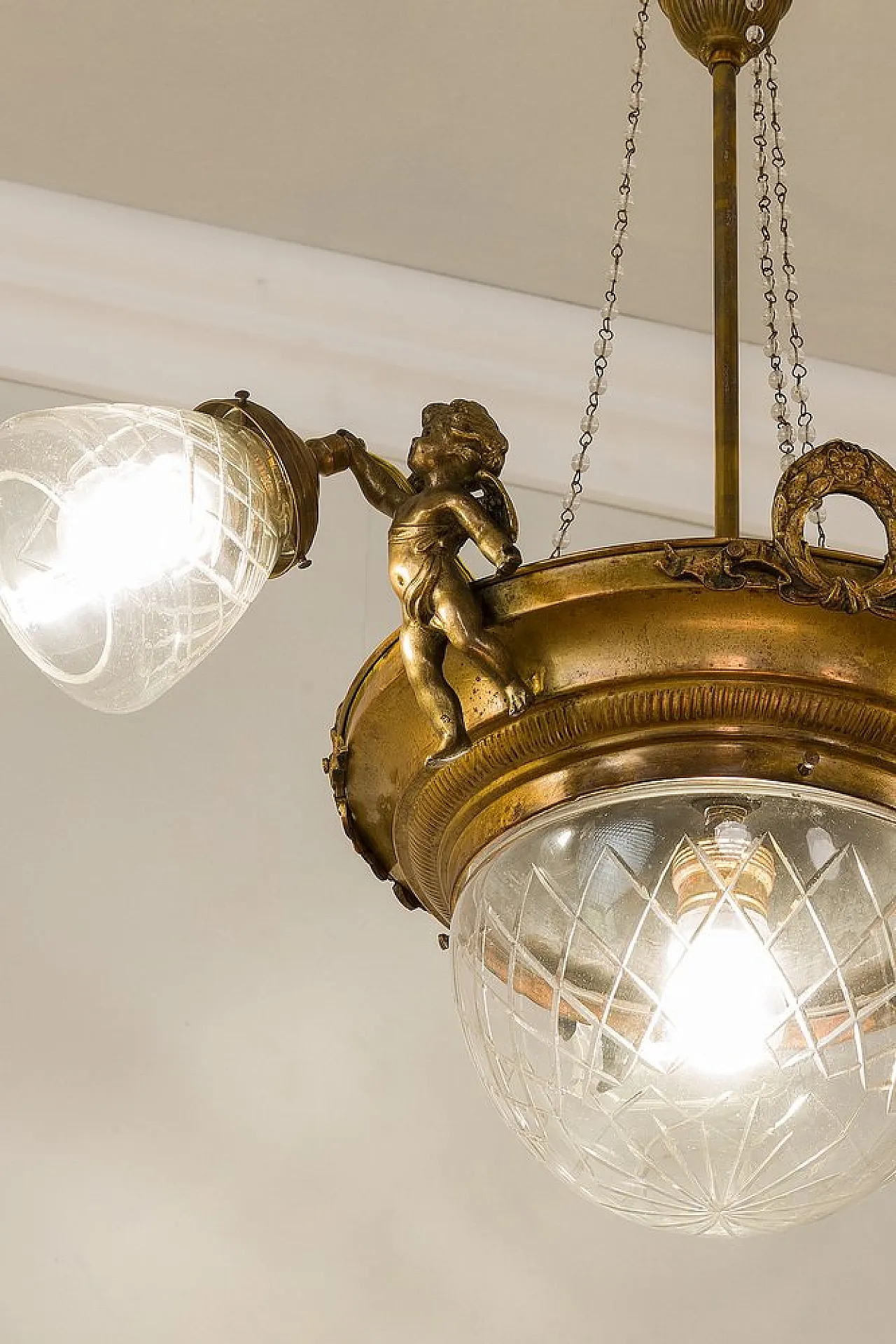 Brass chandelier with glass lampshades, 1920s 4