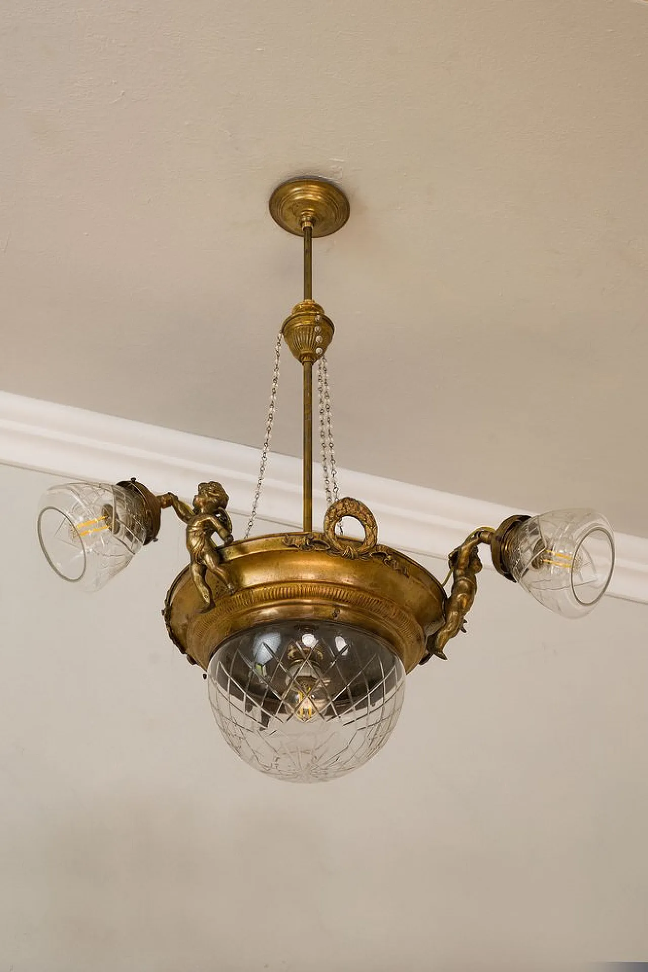 Brass chandelier with glass lampshades, 1920s 6