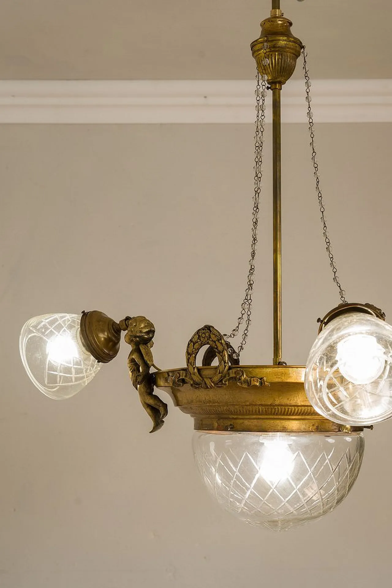 Brass chandelier with glass lampshades, 1920s 7