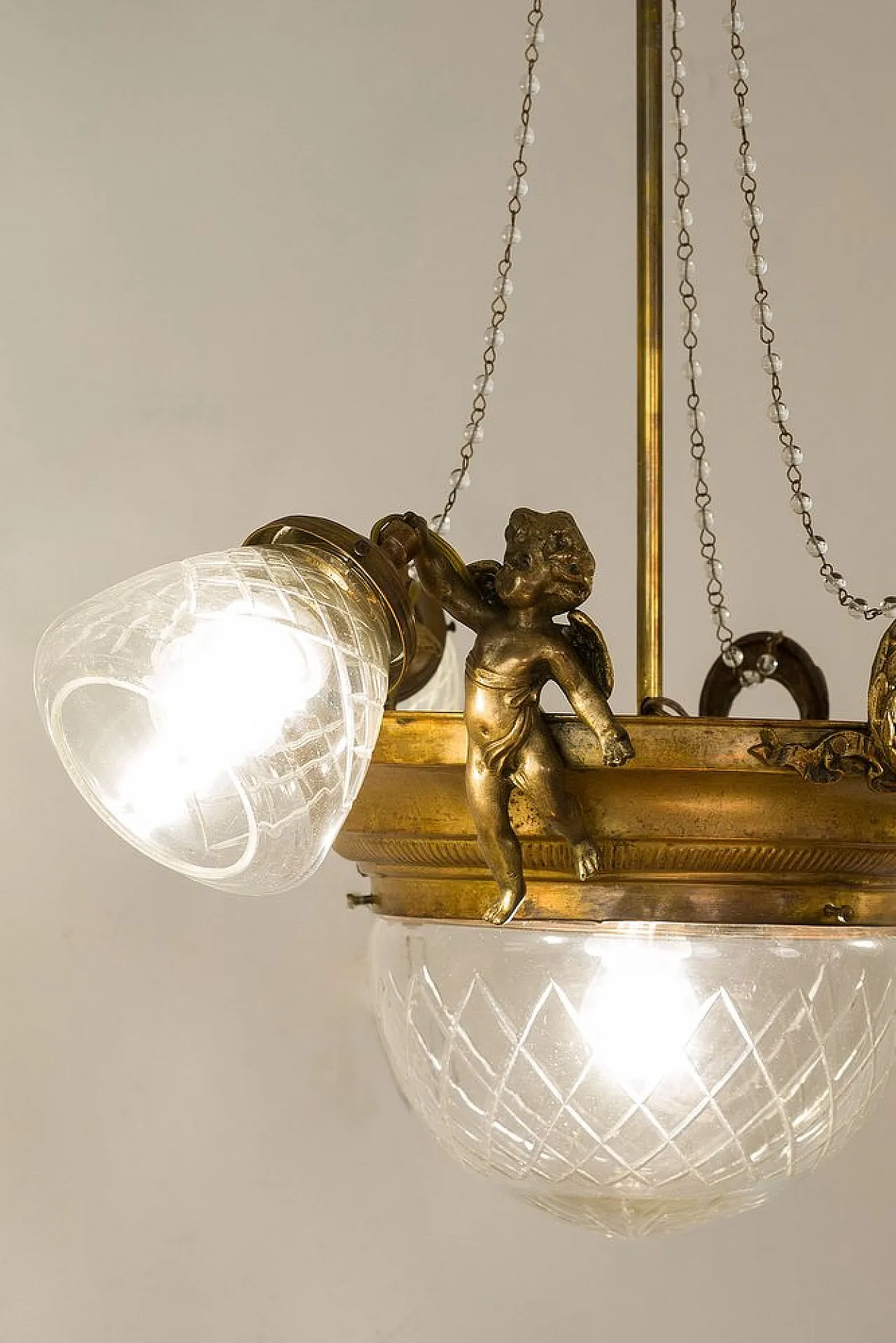 Brass chandelier with glass lampshades, 1920s 9