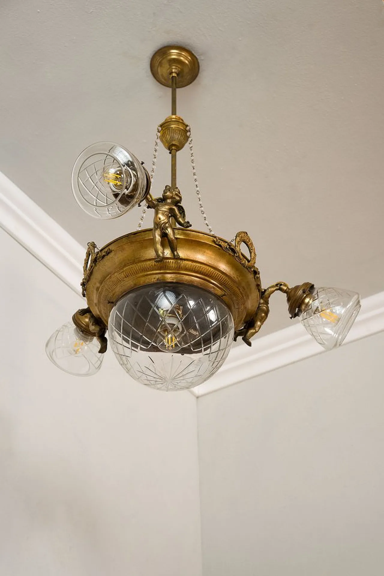 Brass chandelier with glass lampshades, 1920s 10