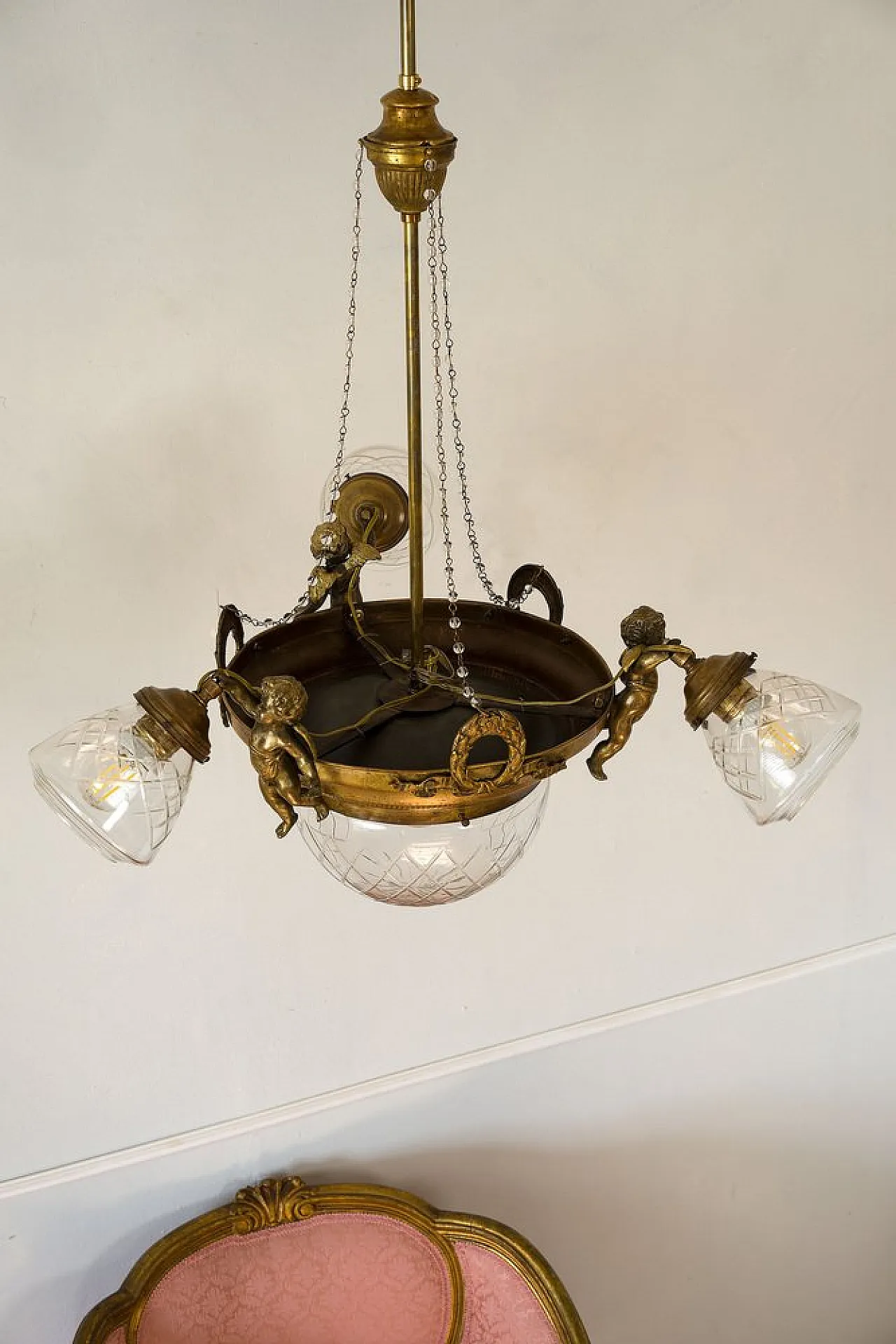 Brass chandelier with glass lampshades, 1920s 11