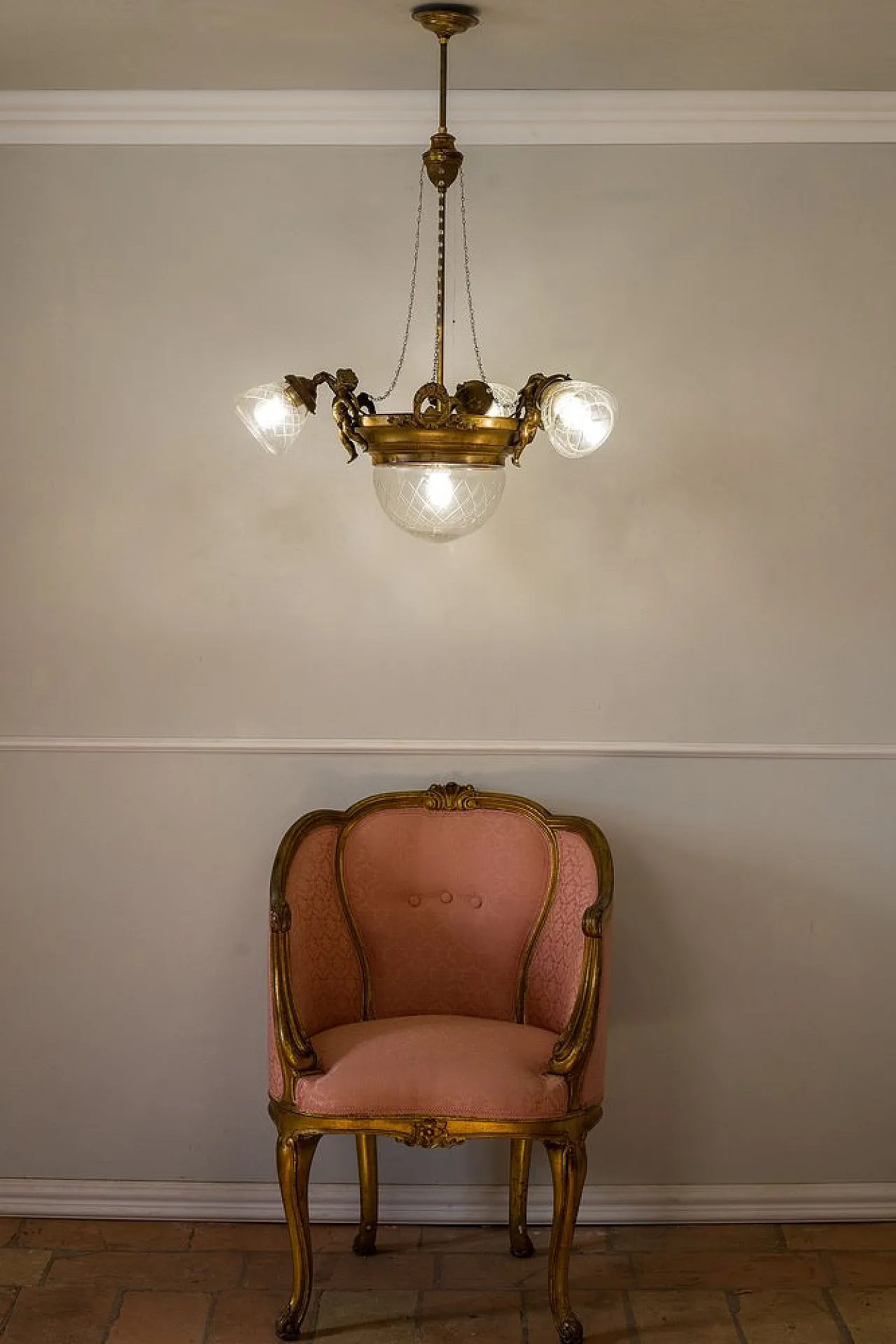 Brass chandelier with glass lampshades, 1920s 12