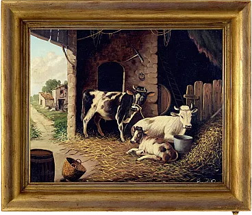 Rustic Scene by Ernesto Pisani, oil on canvas with frame, 1980s