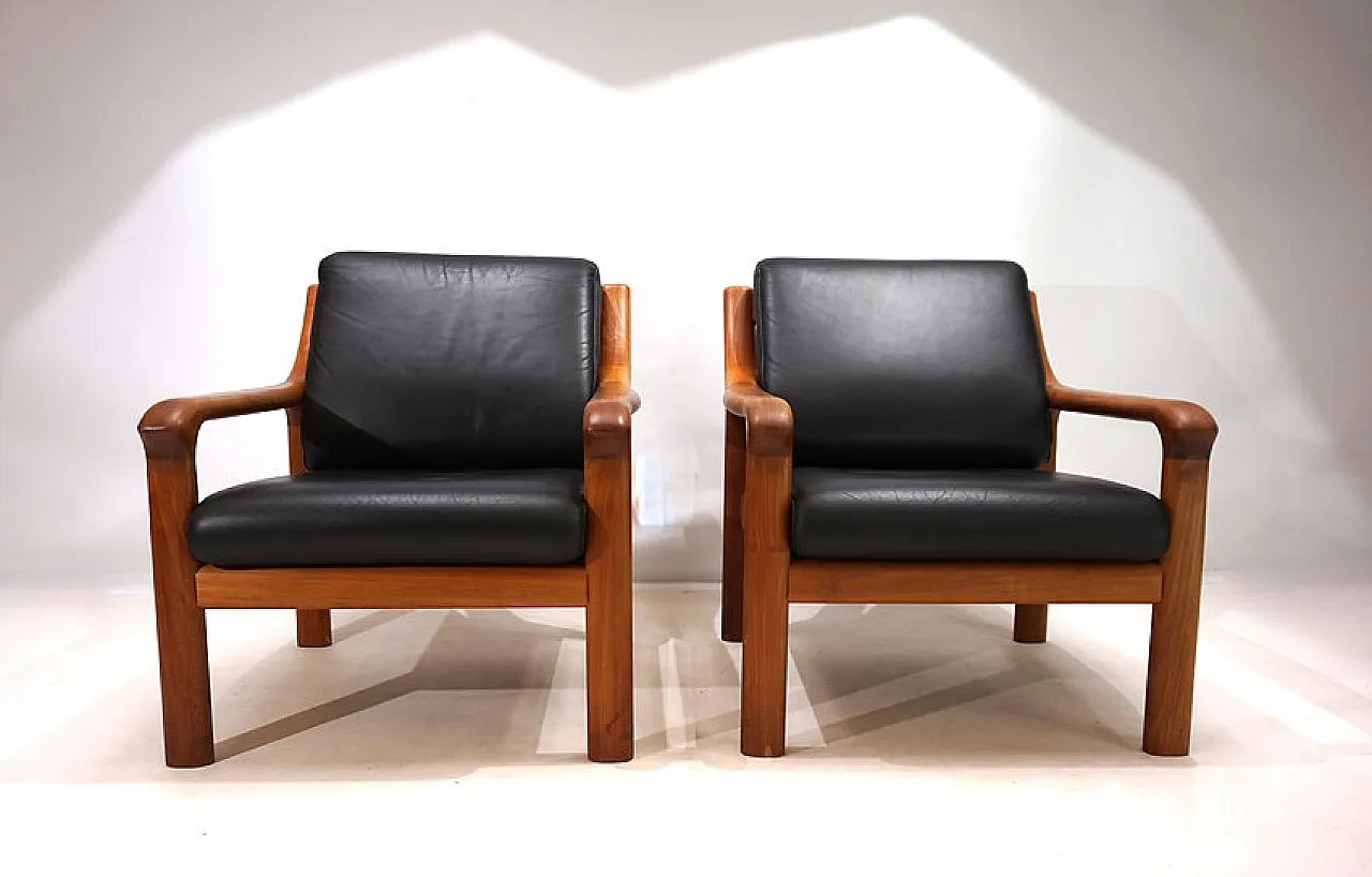 Pair of leather and teak armchairs by Holstebro, 1960s 1