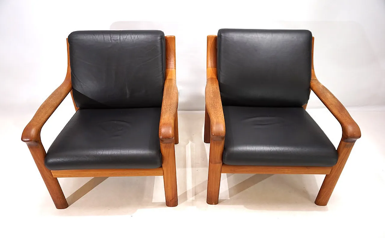 Pair of leather and teak armchairs by Holstebro, 1960s 3