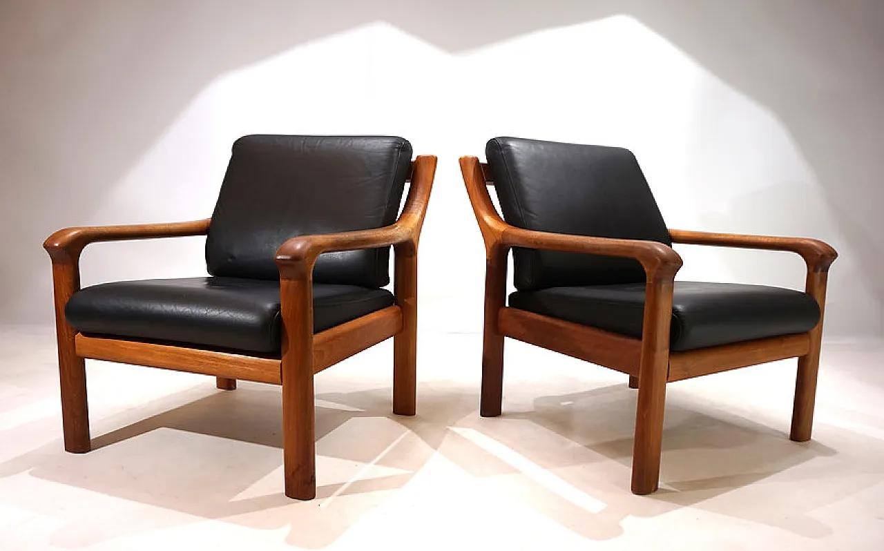 Pair of leather and teak armchairs by Holstebro, 1960s 7