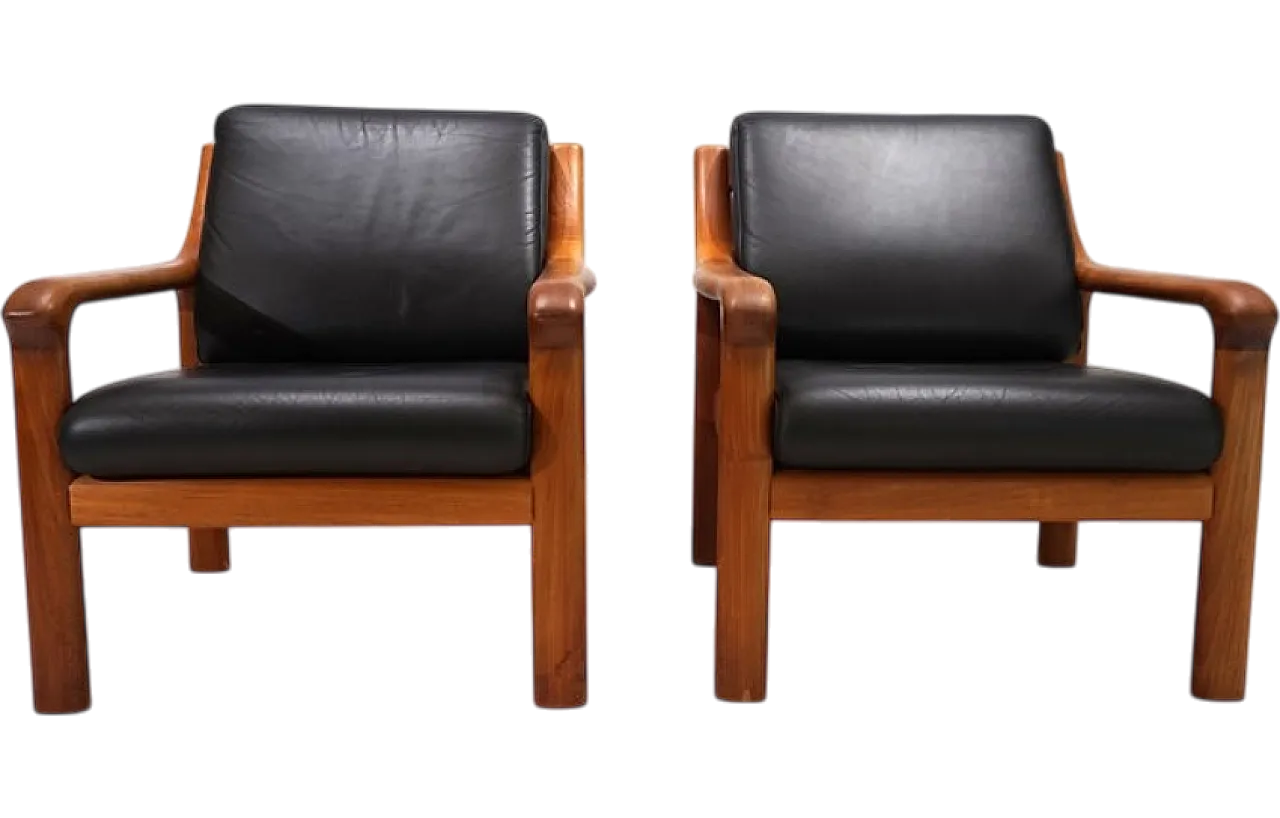 Pair of leather and teak armchairs by Holstebro, 1960s 16