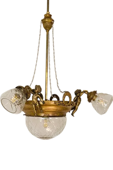 Brass chandelier with glass lampshades, 1920s