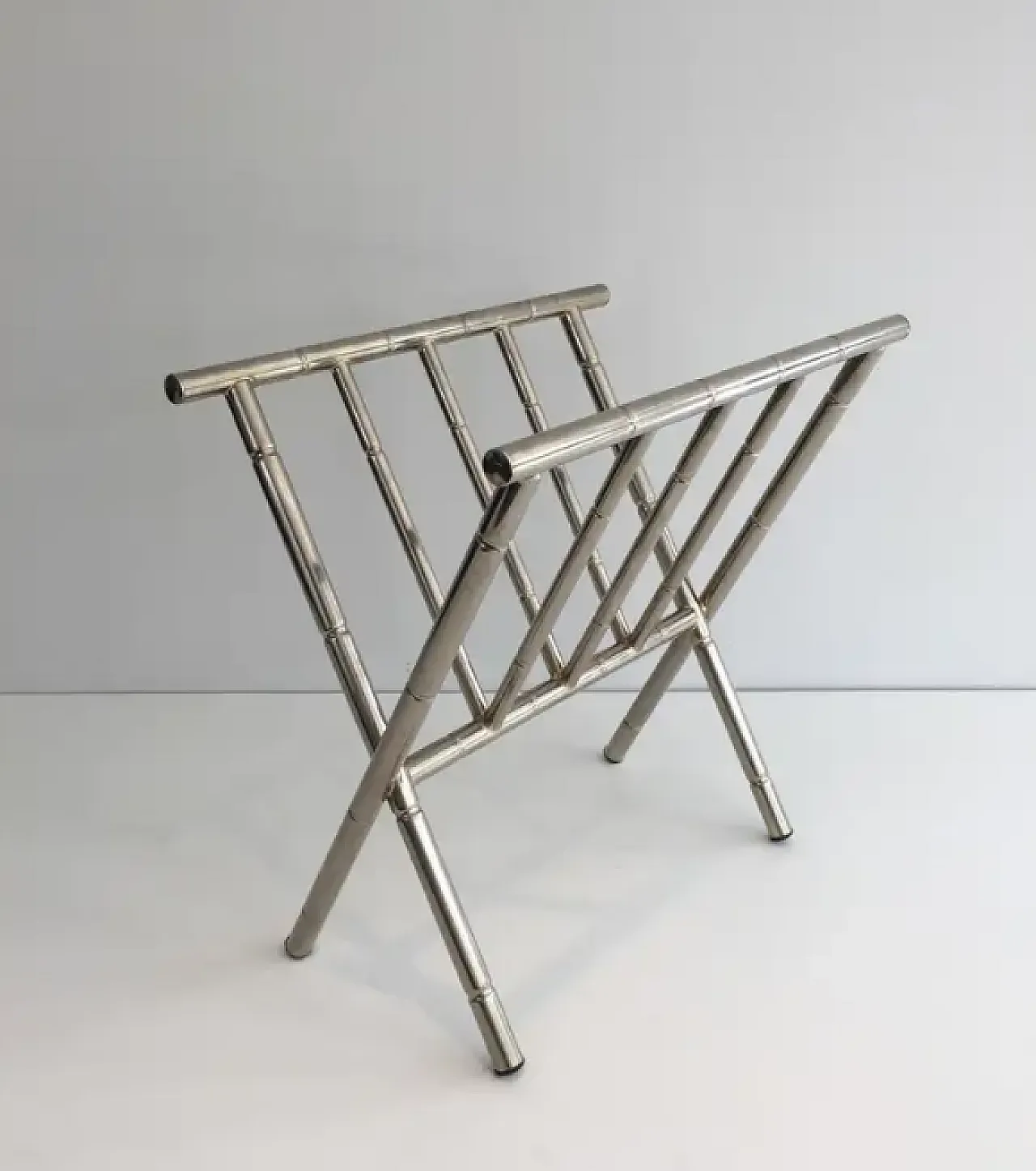 Faux nickel wood magazine rack in the style of Jacques Adnet, 1970s 4