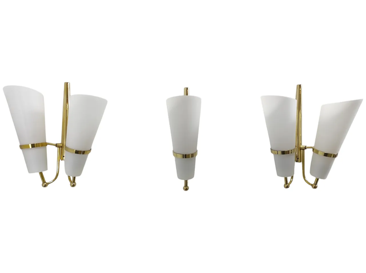 Set of 3 glass and brass sconces, 1950s 1