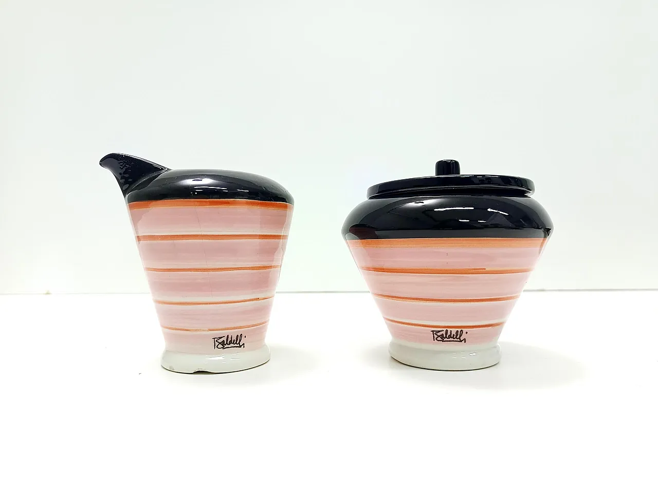 4 tazze caffè con lattiera e zuccheriera in ceramica di Baldelli, 1980 6