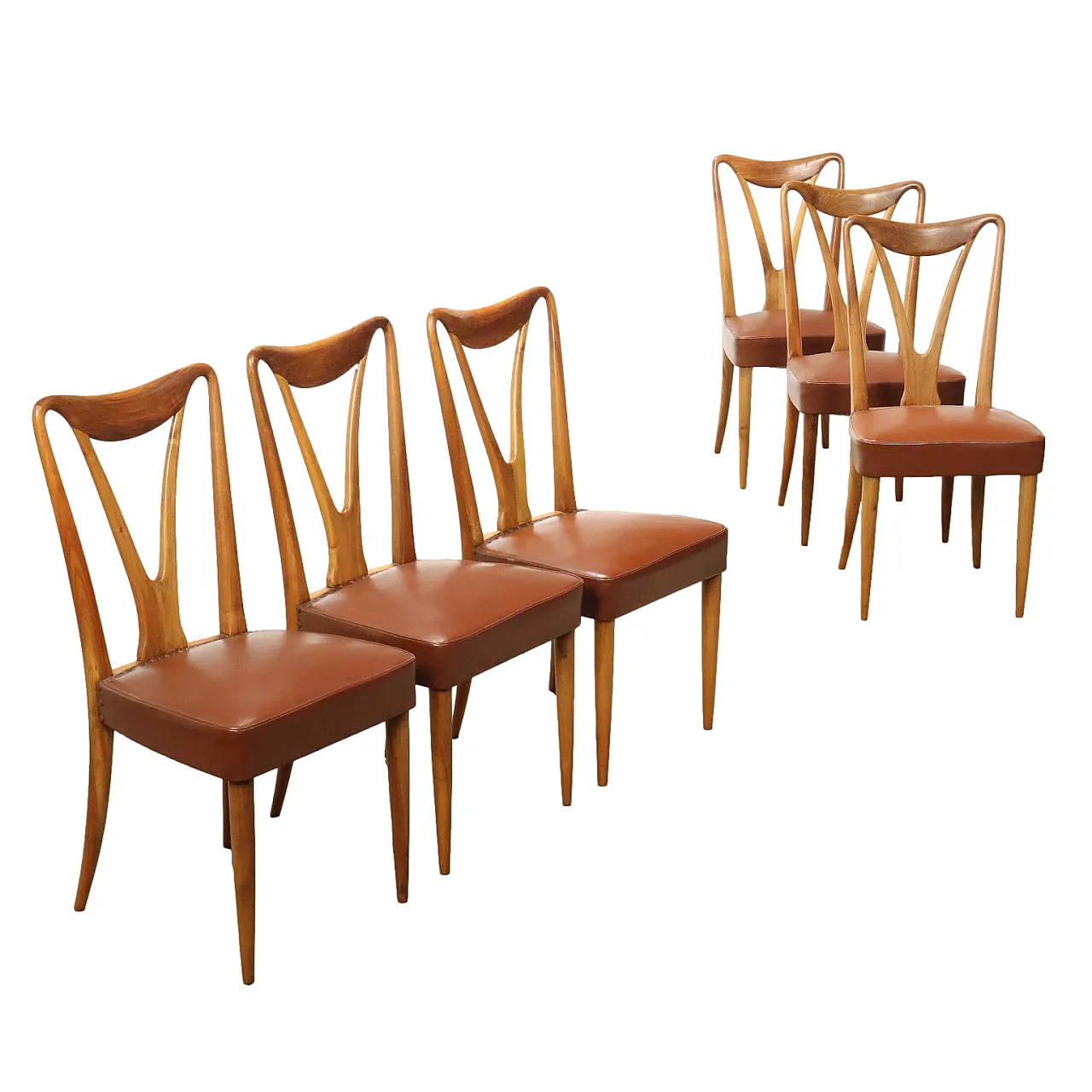 6 Wooden and imitation leather chairs, 1950s 1