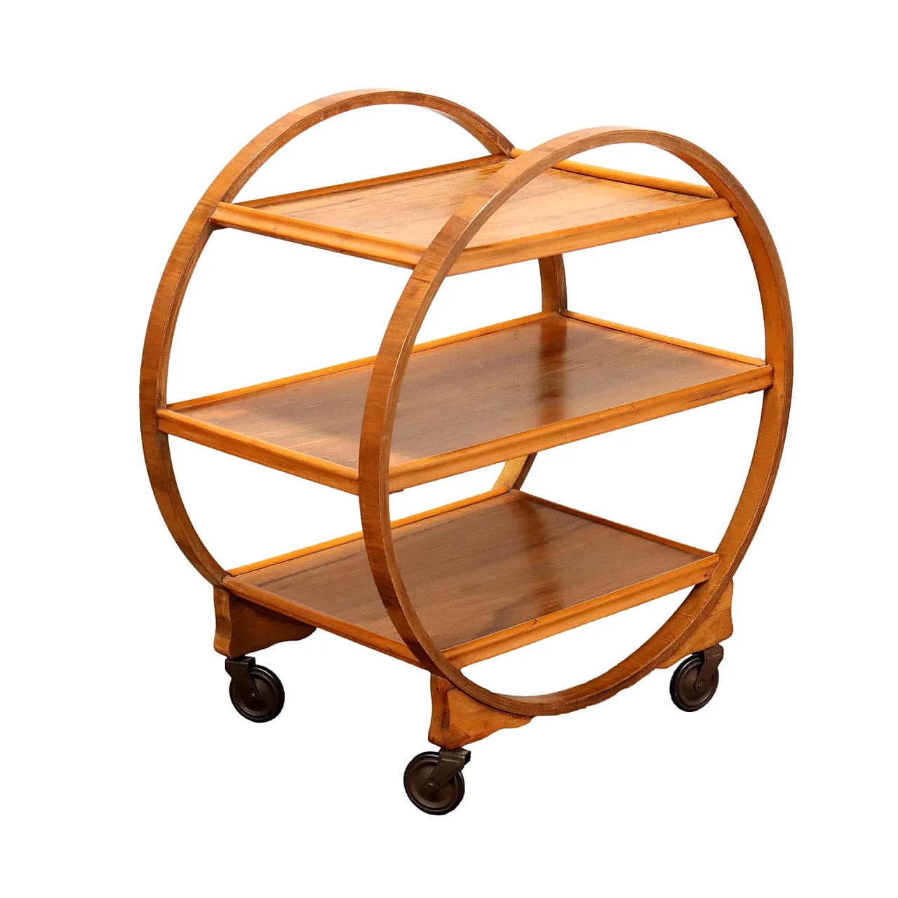 Curved plywood bar cart with 3 shelves, 1930s 1