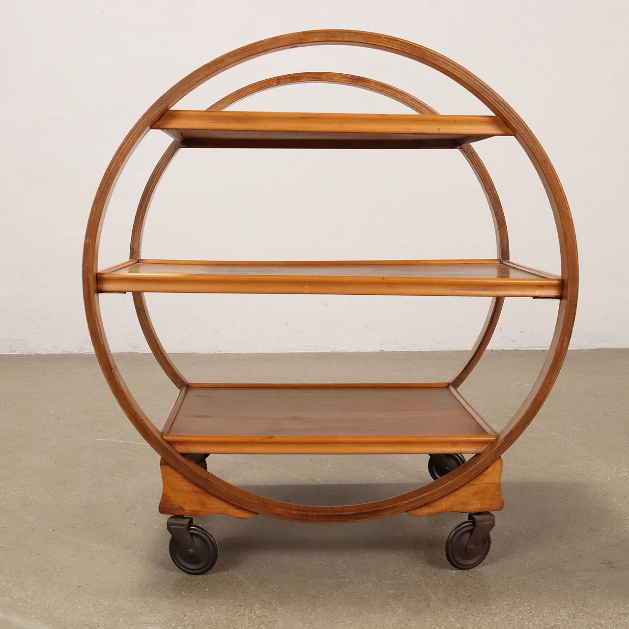 Curved plywood bar cart with 3 shelves, 1930s 3