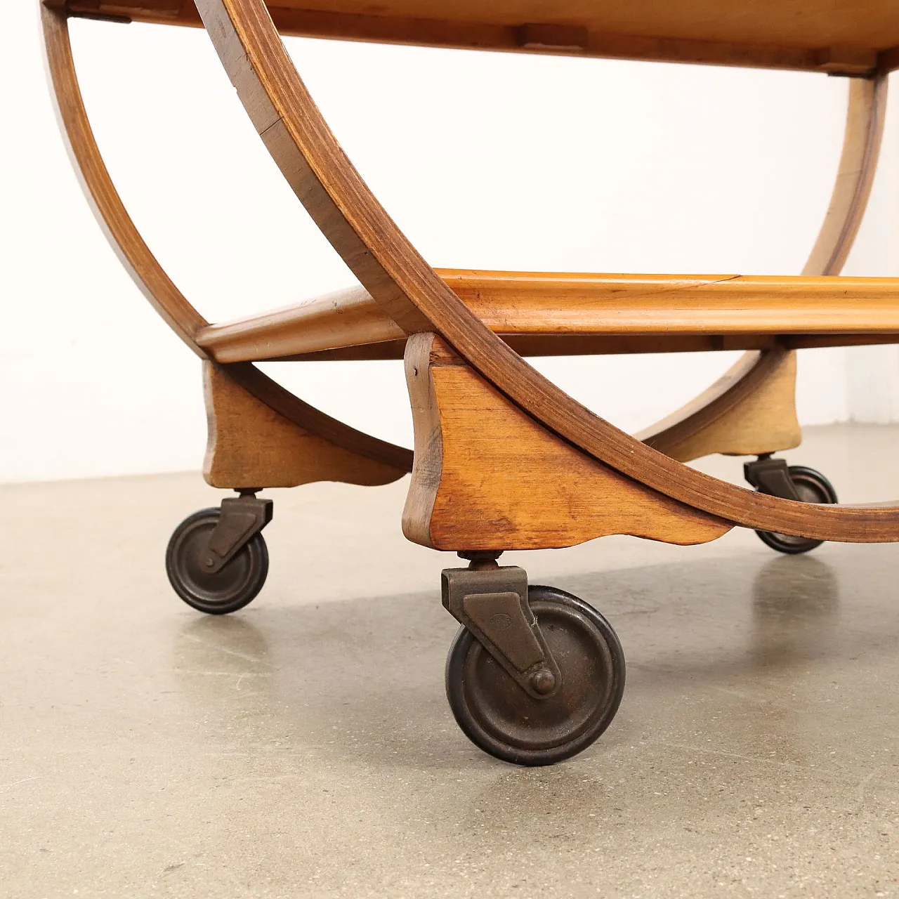 Curved plywood bar cart with 3 shelves, 1930s 4