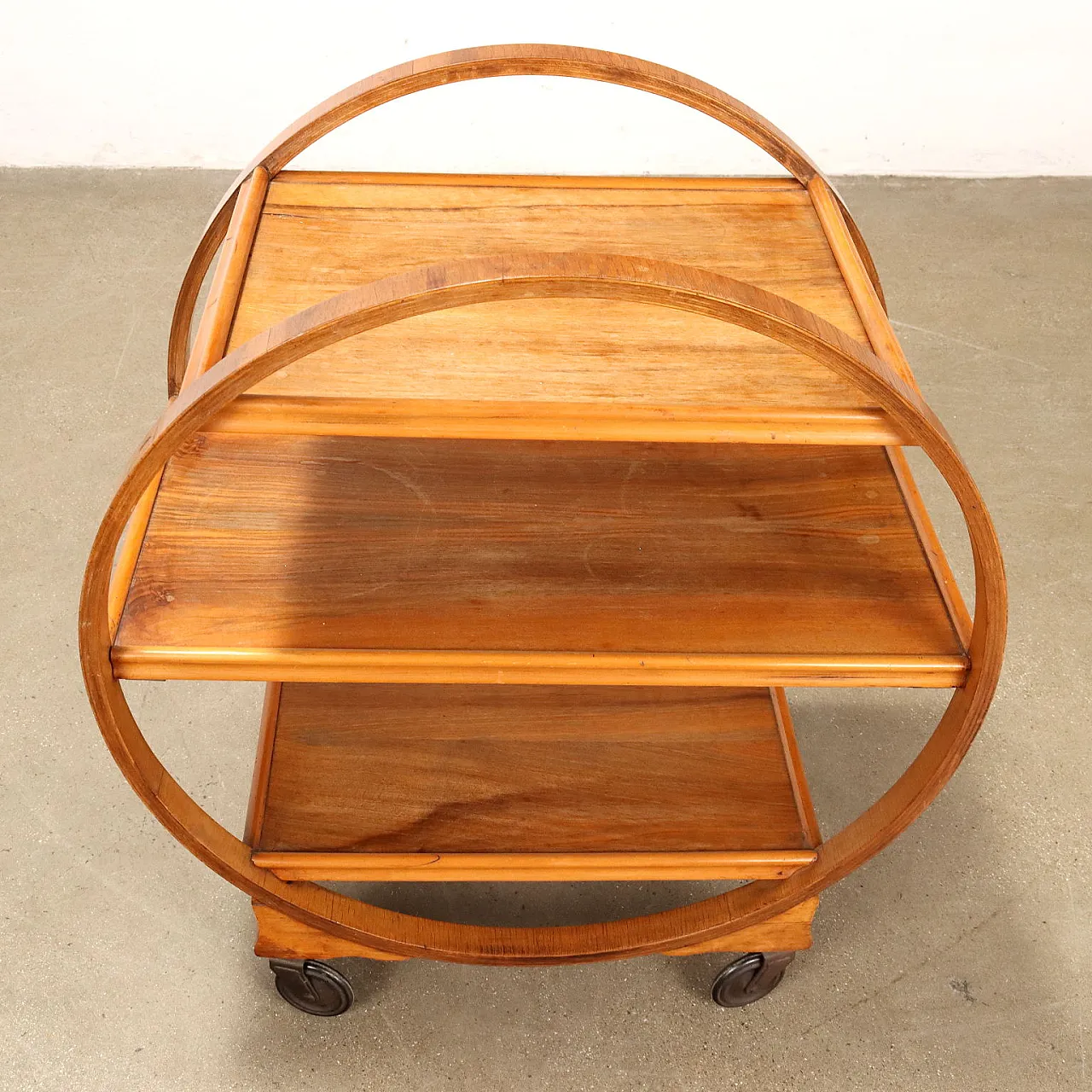 Curved plywood bar cart with 3 shelves, 1930s 5