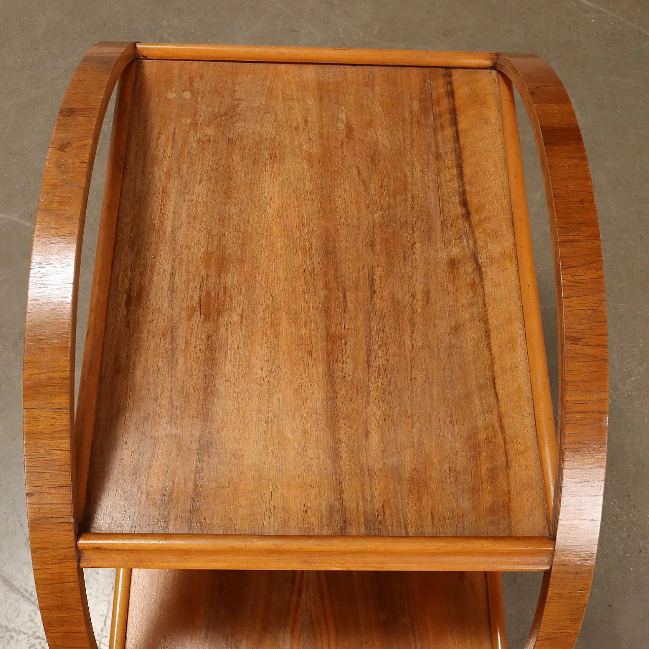 Curved plywood bar cart with 3 shelves, 1930s 6