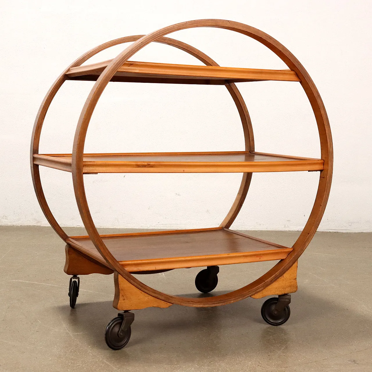 Curved plywood bar cart with 3 shelves, 1930s 7