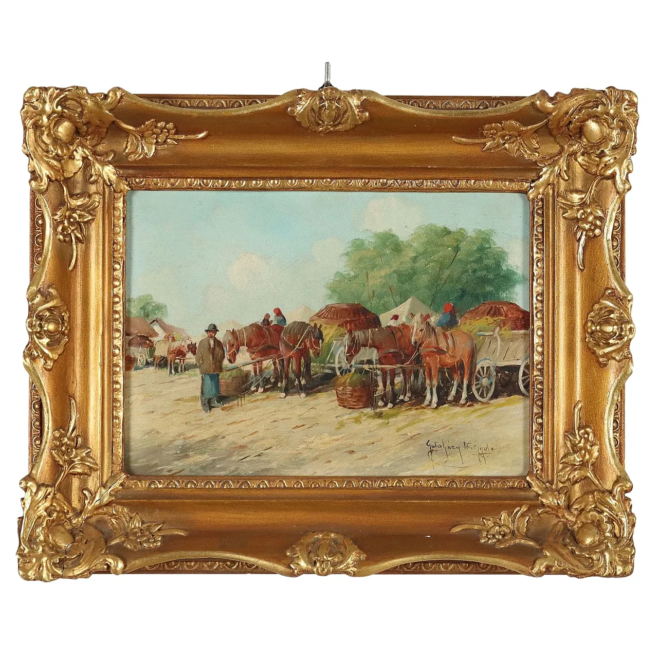 Figures & Peasant Carts by N. Gyula Gutaljazy, oil on cardboard, 1900s 1