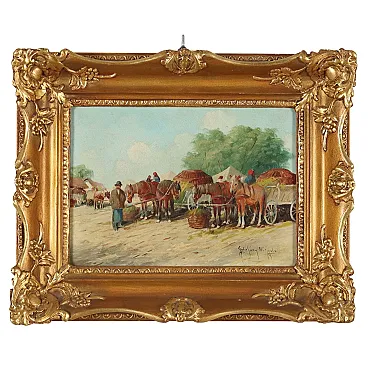 Figures & Peasant Carts by N. Gyula Gutaljazy, oil on cardboard, 1900s