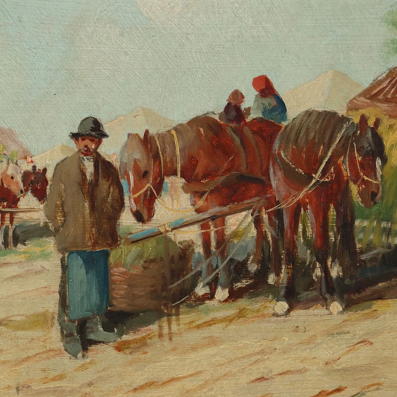 Figures & Peasant Carts by N. Gyula Gutaljazy, oil on cardboard, 1900s 3