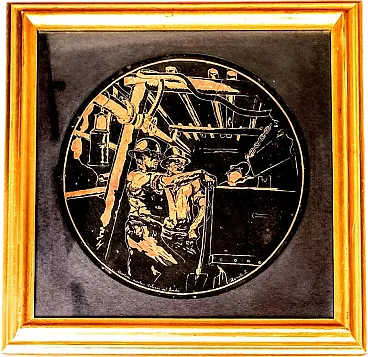 Miners in Charleroi, painted and engraved copper roundel, 1960