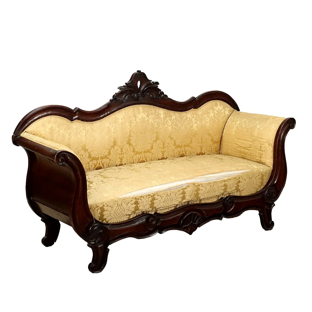 Louis Philippe boat sofa in carved walnut and fabric, 19th century 1