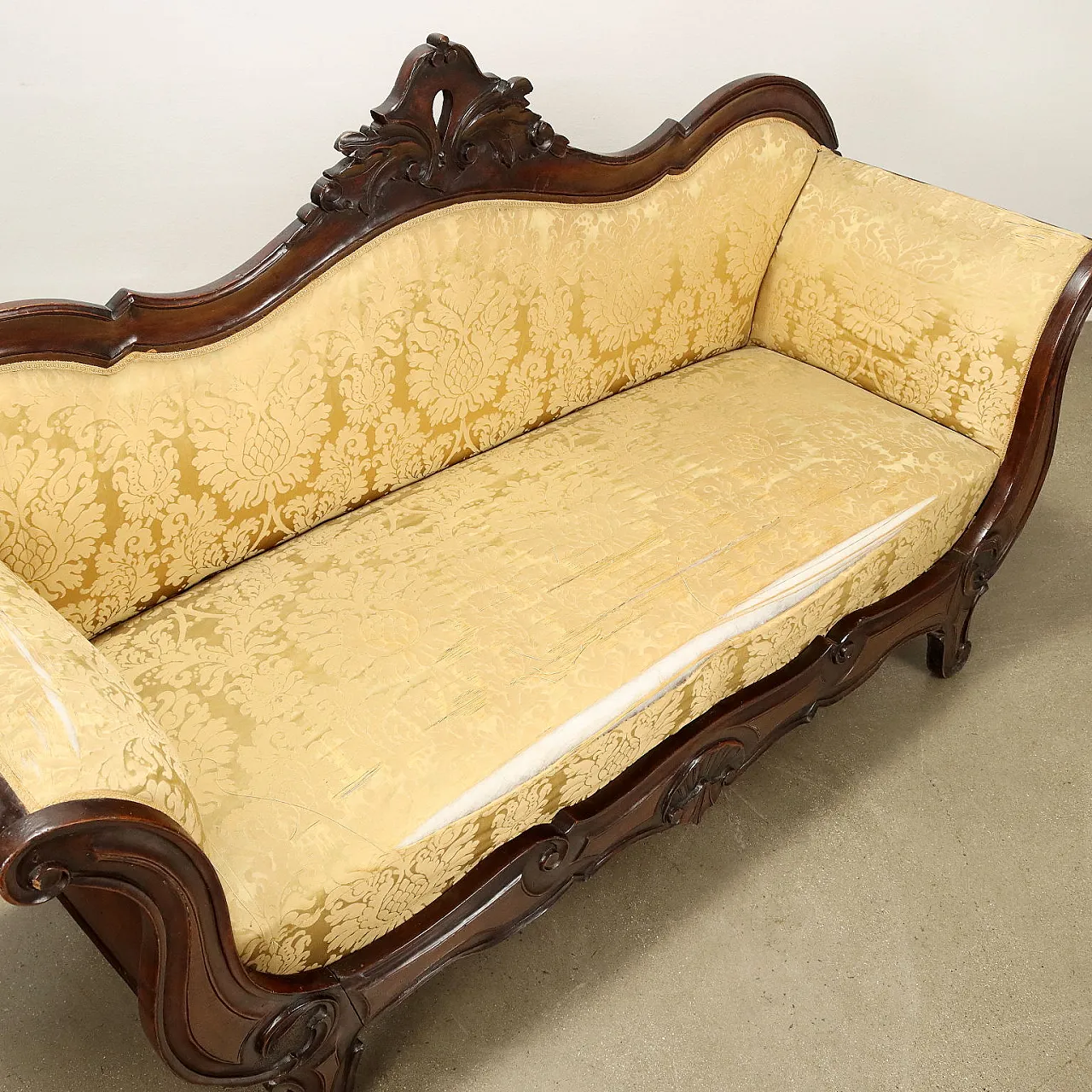 Louis Philippe boat sofa in carved walnut and fabric, 19th century 7